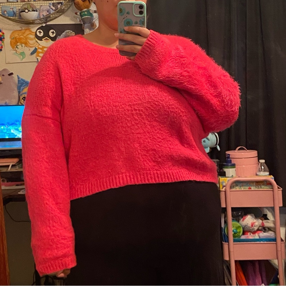 Hot pink fuzzy cropped sweater